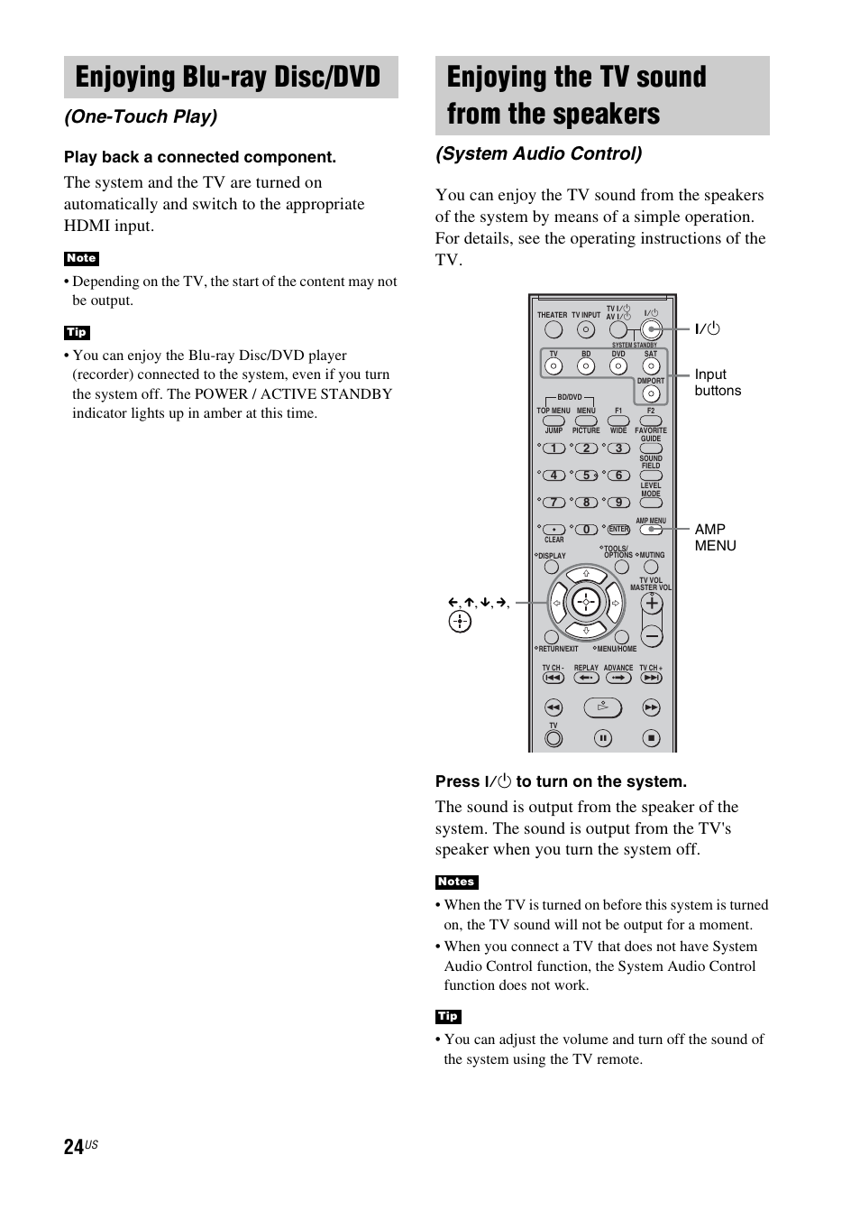Enjoying blu-ray disc/dvd, Enjoying the tv sound from the speakers, One-touch play) | Enjoying the tv sound from the, Speakers (system audio control), System audio control), Play back a connected component, Press | Sony HT-CT100 User Manual | Page 24 / 128