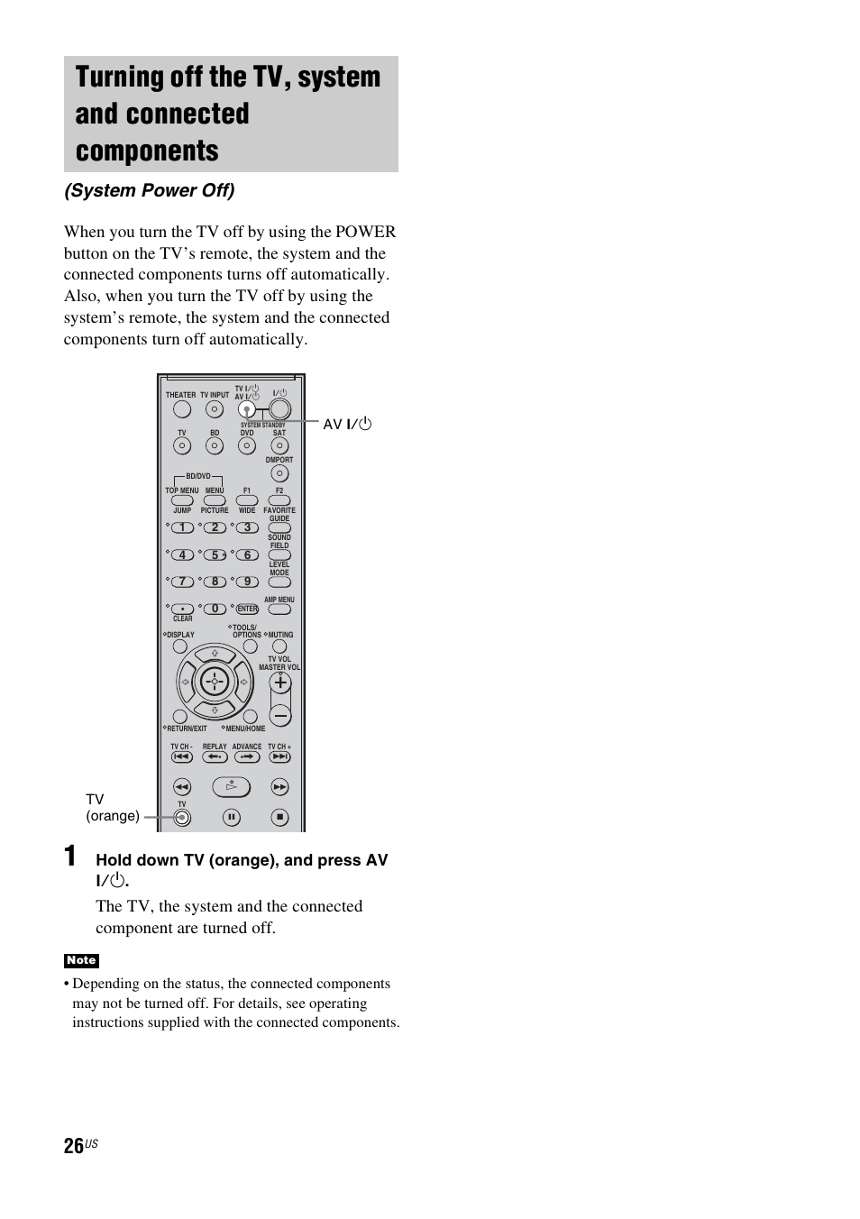 Turning off the tv, system and connected, Components (system power off), System power off) | Hold down tv (orange), and press av ?/1, Av ?/1 tv (orange) | Sony HT-CT100 User Manual | Page 26 / 128