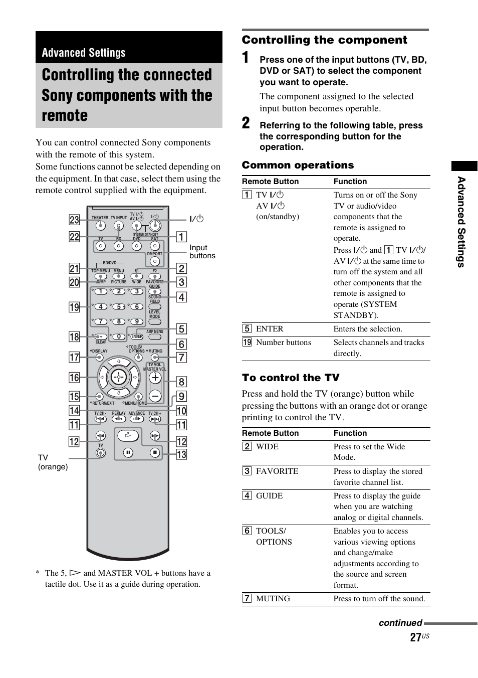 Advanced settings, Controlling the connected sony, Components with the remote | Controlling the component, Ad v a nce d setti ngs, Common operations to control the tv, Continued | Sony HT-CT100 User Manual | Page 27 / 128