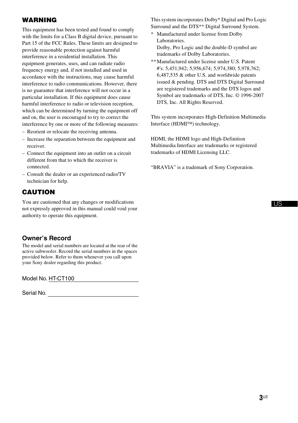 Sony HT-CT100 User Manual | Page 3 / 128