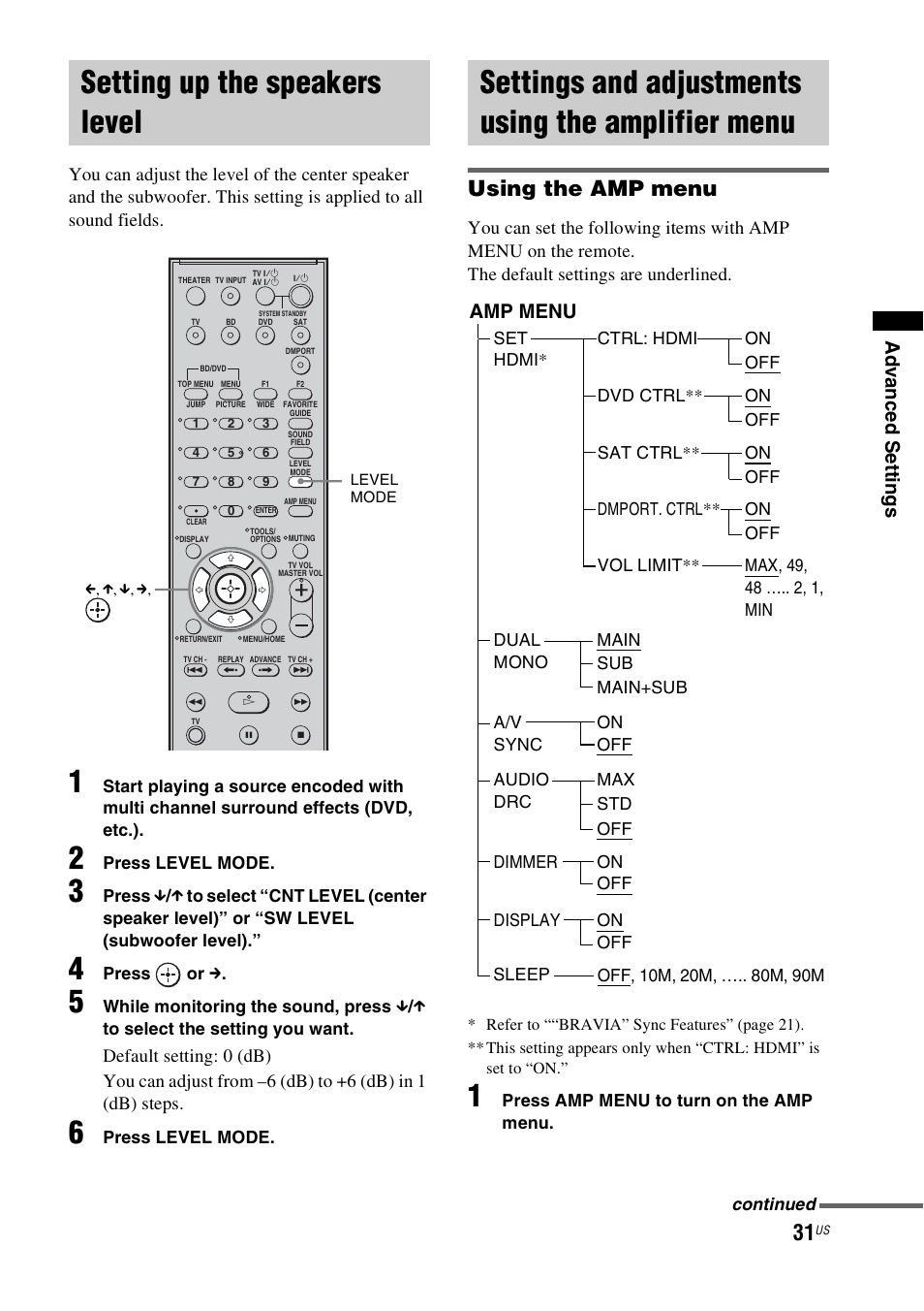 Setting up the speakers level, Settings and adjustments using the amplifier menu, Amplifier menu | Using the amp menu, Ad v a nce d setti ngs, Amp menu | Sony HT-CT100 User Manual | Page 31 / 128