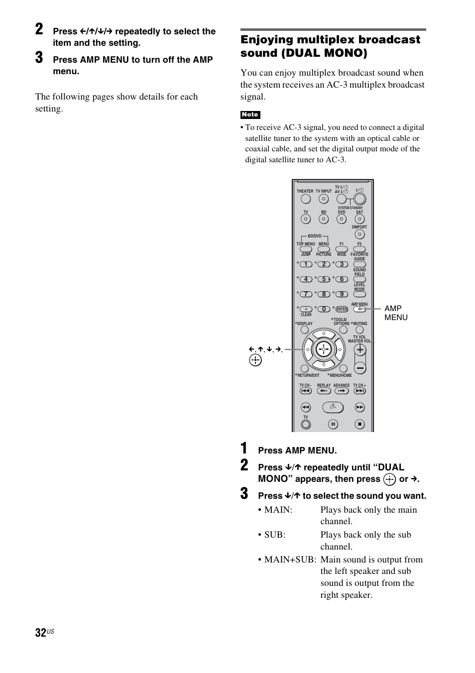 Enjoying multiplex broadcast sound (dual mono), The following pages show details for each setting, Dual mono | Press amp menu to turn off the amp menu, Press amp menu, Press, Repeatedly until, Appears, then press or c | Sony HT-CT100 User Manual | Page 32 / 128