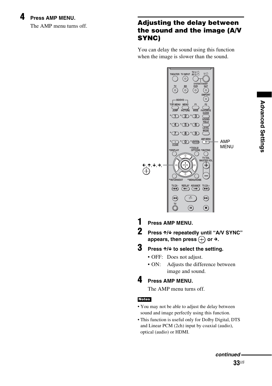Ad v a nce d setti ngs, The amp menu turns off, Press amp menu | Press x / x to select the setting, Continued | Sony HT-CT100 User Manual | Page 33 / 128