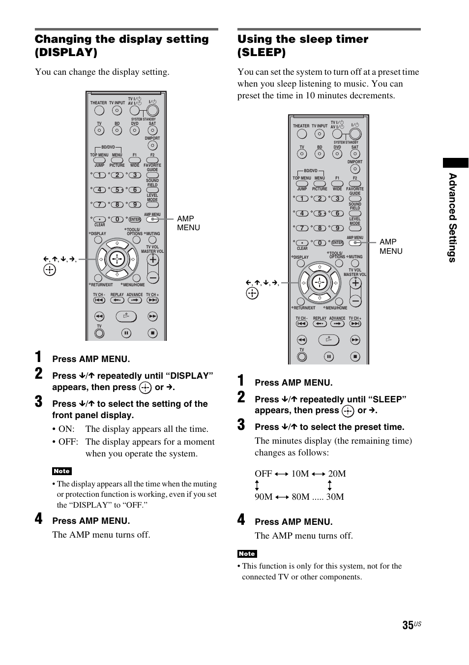 Changing the display setting (display), Using the sleep timer (sleep), Ad v a nce d setti ngs | You can change the display setting, The amp menu turns off, Press amp menu, Press, Repeatedly until “sleep” appears, then press or c | Sony HT-CT100 User Manual | Page 35 / 128