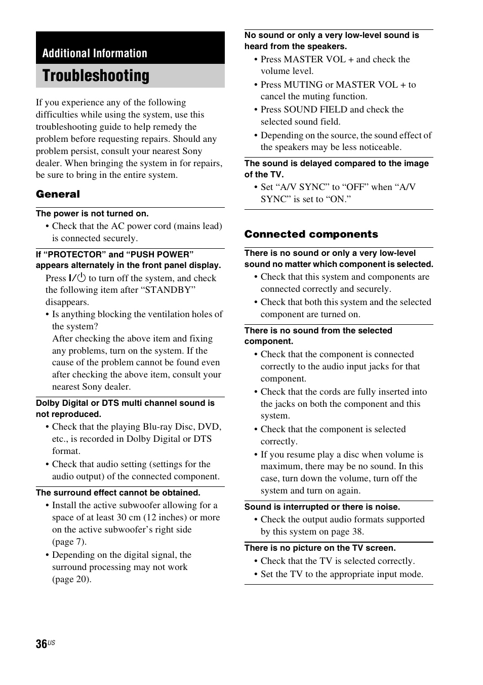 Additional information, Troubleshooting | Sony HT-CT100 User Manual | Page 36 / 128