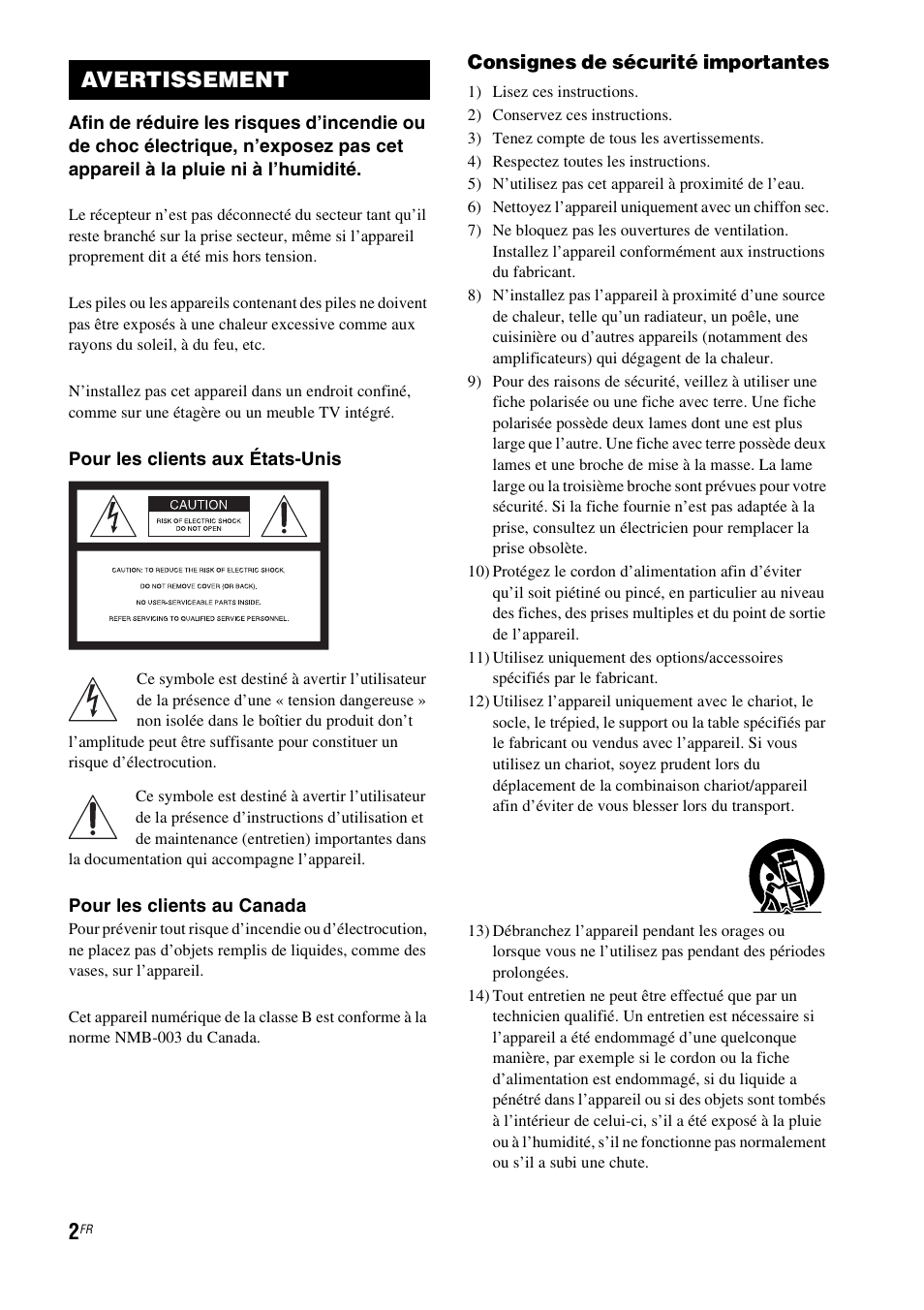 Avertissement, Consignes de sécurité importantes | Sony HT-CT100 User Manual | Page 42 / 128