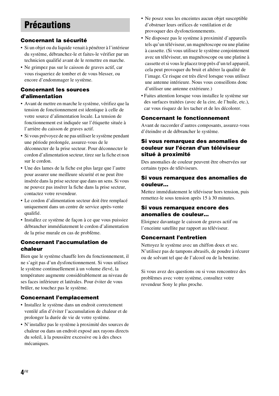 Précautions | Sony HT-CT100 User Manual | Page 44 / 128