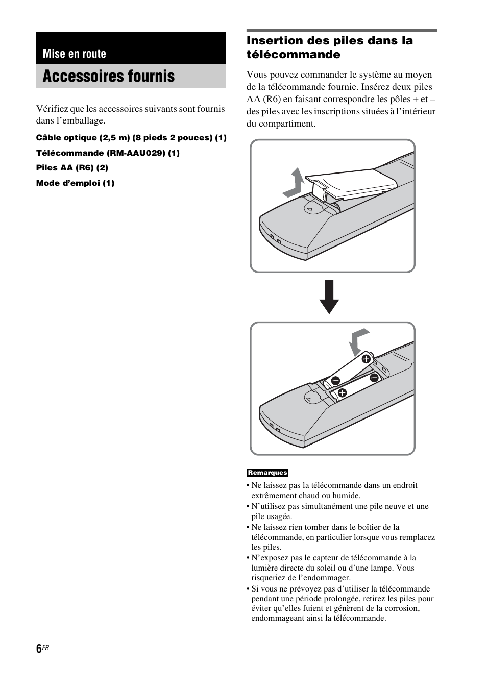 Mise en route, Accessoires fournis, Insertion des piles dans la télécommande | Sony HT-CT100 User Manual | Page 46 / 128