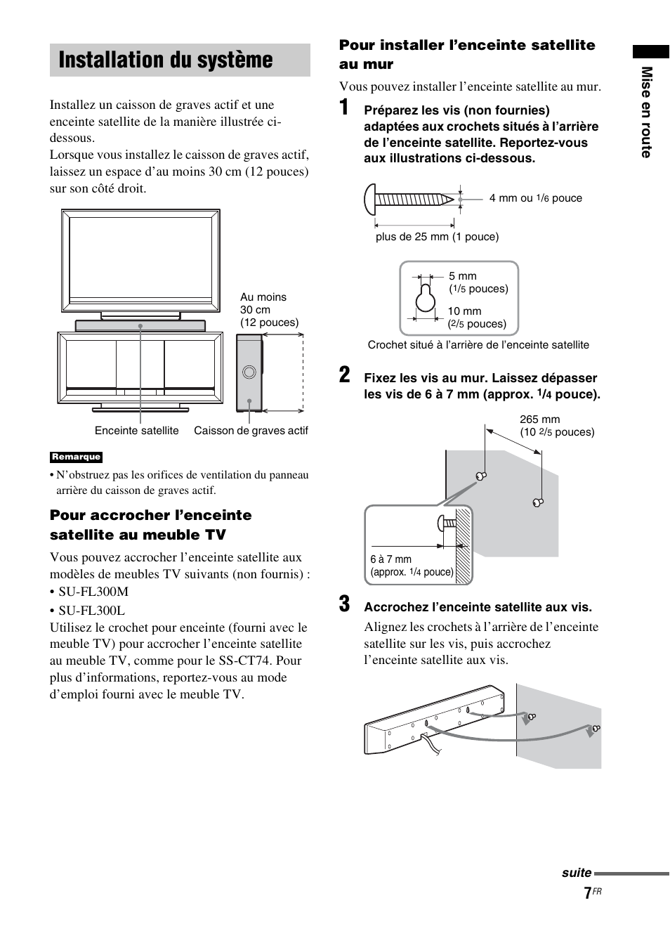 Installation du système, Mise en r oute, Pour accrocher l’enceinte satellite au meuble tv | Pour installer l’enceinte satellite au mur | Sony HT-CT100 User Manual | Page 47 / 128