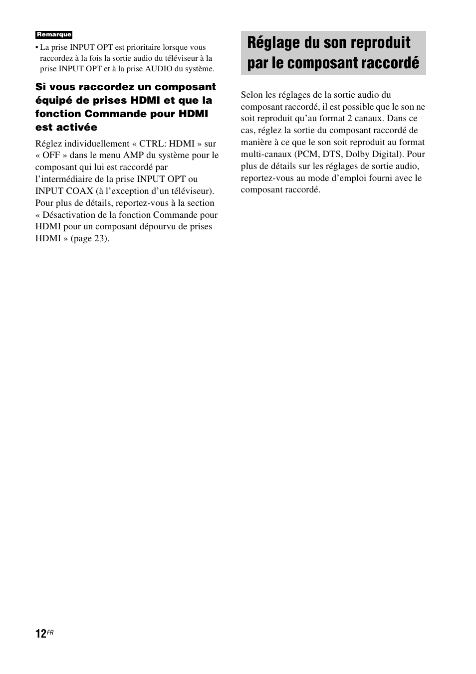 Réglage du son reproduit par le composant raccordé, Réglage du son reproduit par le composant, Raccordé | Sony HT-CT100 User Manual | Page 52 / 128