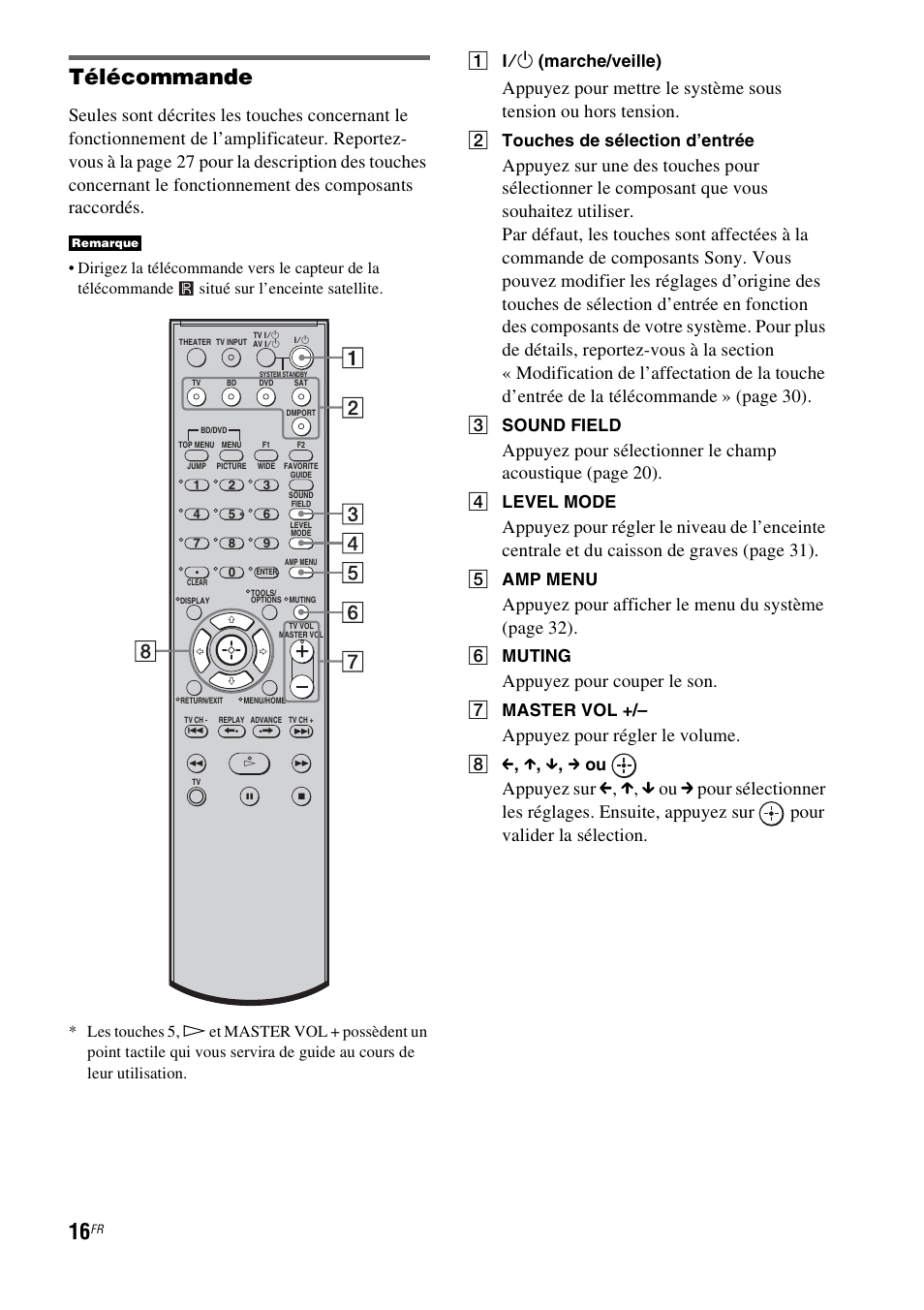 Télécommande, Appuyez pour afficher le menu du système (page 32), Appuyez pour couper le son | Appuyez pour régler le volume, A ?/1 (marche/veille), B touches de sélection d’entrée, C sound field, D level mode, E amp menu, F muting | Sony HT-CT100 User Manual | Page 56 / 128