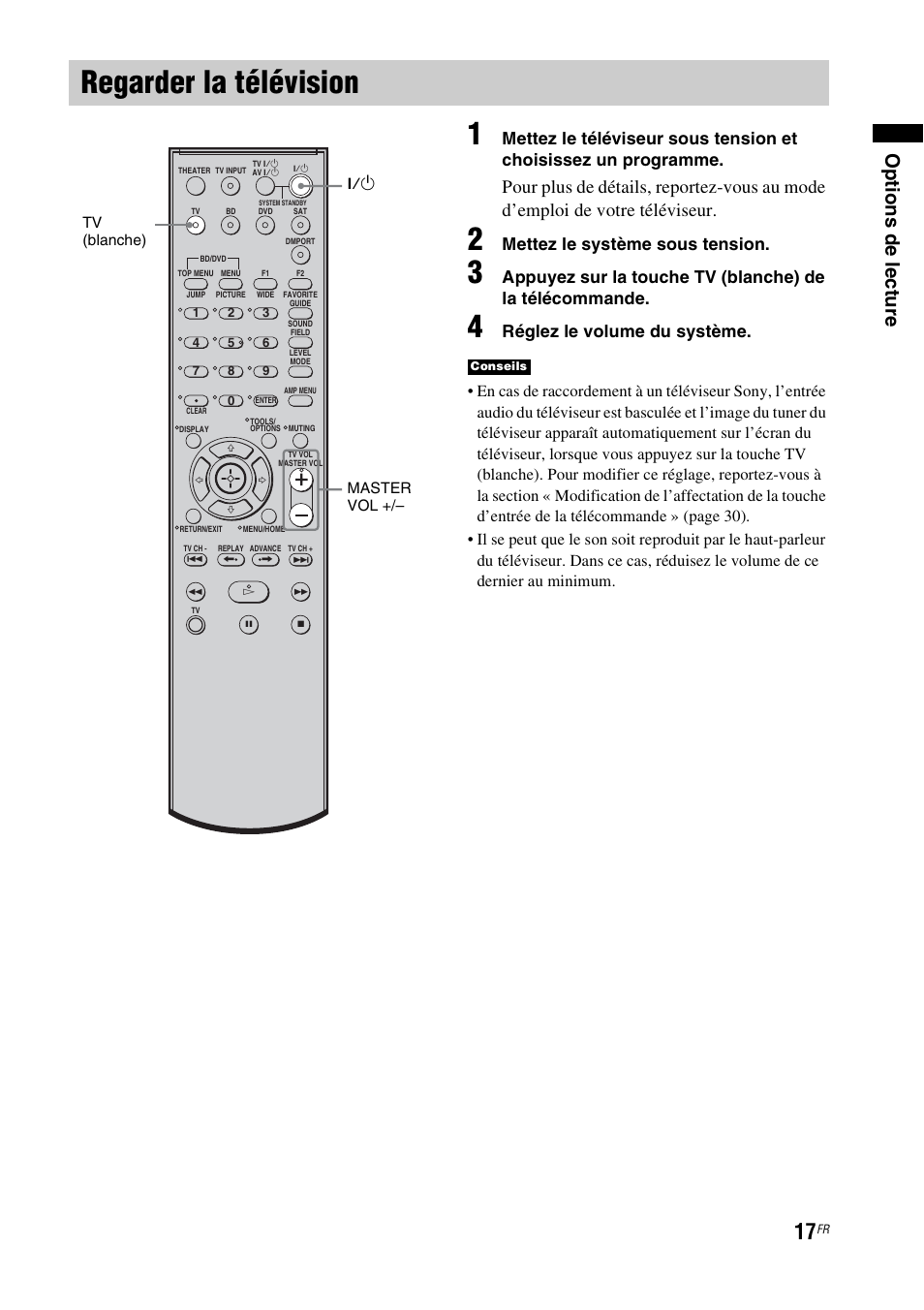 Regarder la télévision, Op tions de lec ture, Mettez le système sous tension | Réglez le volume du système | Sony HT-CT100 User Manual | Page 57 / 128