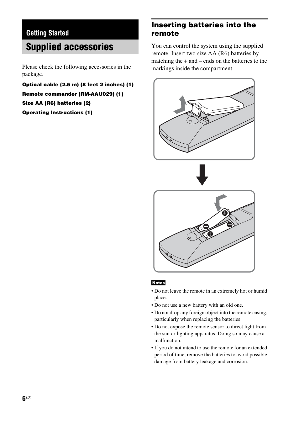 Getting started, Supplied accessories, Inserting batteries into the remote | Sony HT-CT100 User Manual | Page 6 / 128