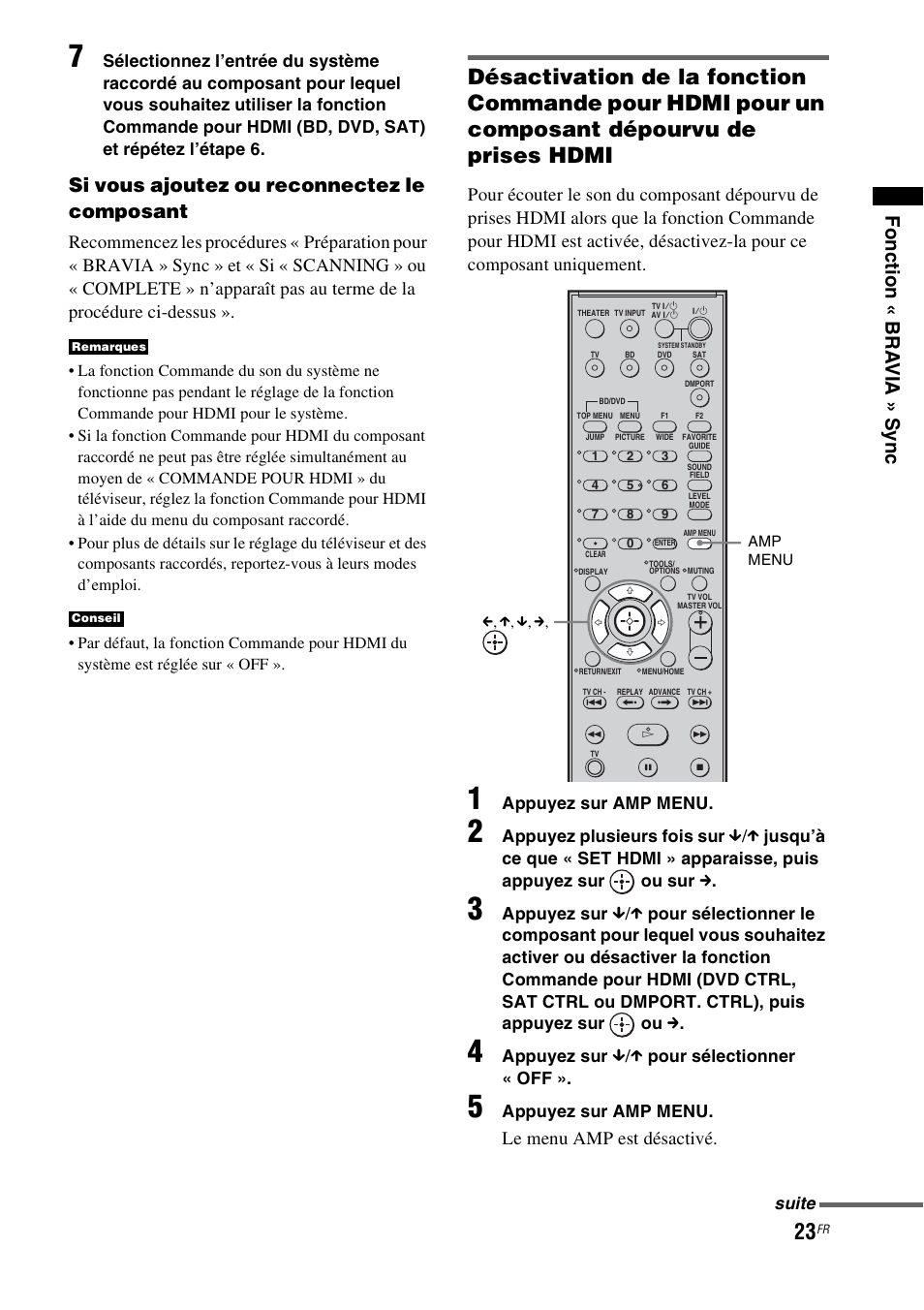 Fonc tion « bra via » sync, Si vous ajoutez ou reconnectez le composant, Le menu amp est désactivé | Sony HT-CT100 User Manual | Page 63 / 128