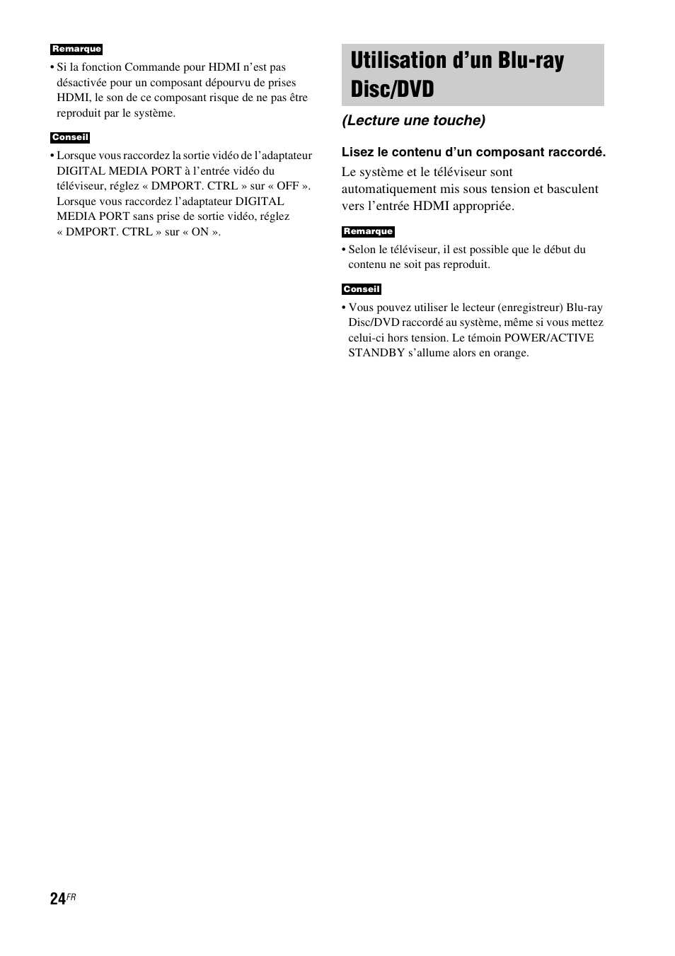 Utilisation d’un blu-ray disc/dvd, Lecture une touche) | Sony HT-CT100 User Manual | Page 64 / 128