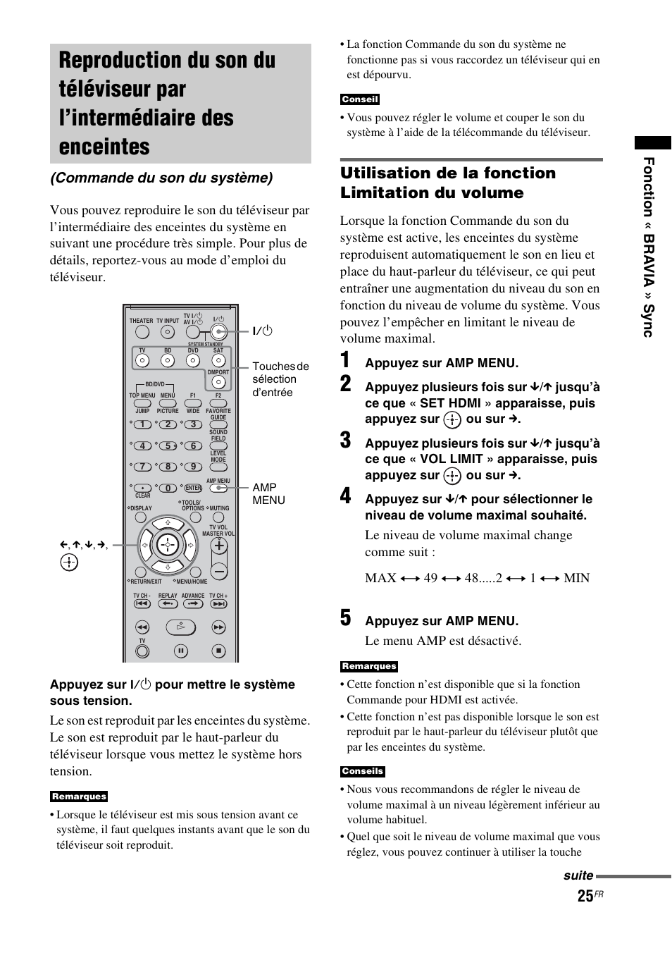 Reproduction du son du téléviseur par, Utilisation de la fonction limitation du volume, Fonc tion « bra via » sync | Commande du son du système), Le niveau de volume maximal change comme suit, Le menu amp est désactivé | Sony HT-CT100 User Manual | Page 65 / 128