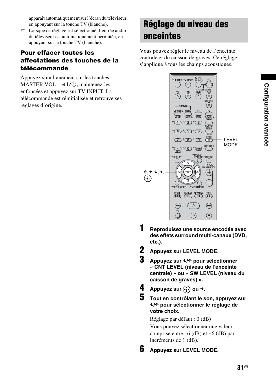 Réglage du niveau des enceintes, Con figura tion a v anc é e, Appuyez sur level mode | Appuyez sur ou c | Sony HT-CT100 User Manual | Page 71 / 128