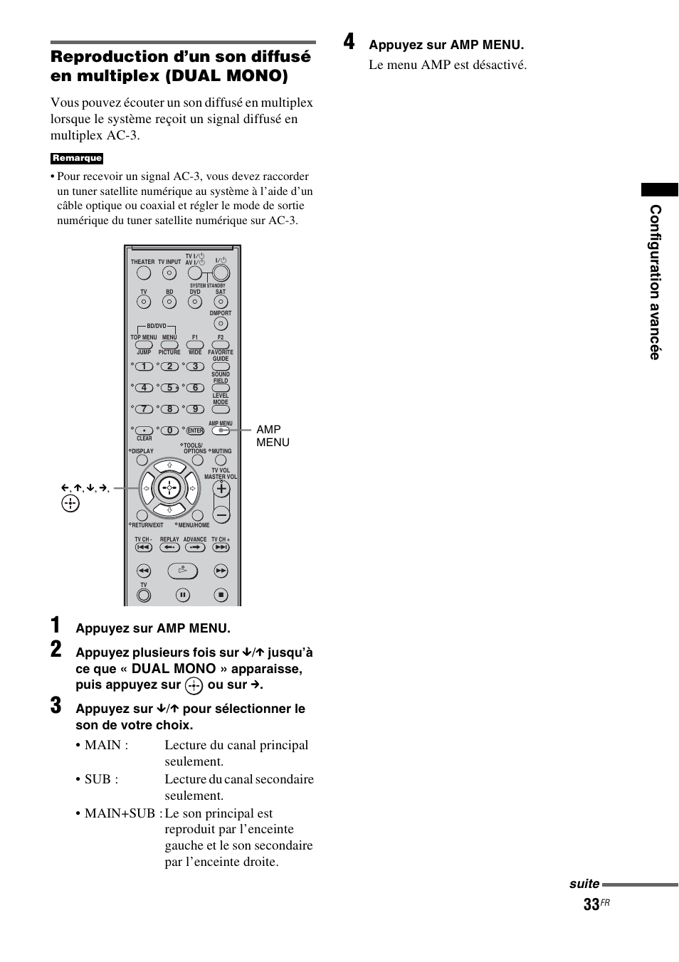 Con figura tion a v anc é e, Dual mono, Le menu amp est désactivé | Appuyez sur amp menu, Appuyez plusieurs fois sur, X jusqu’à ce que, Apparaisse, puis appuyez sur ou sur c, Appuyez sur, X pour sélectionner le son de votre choix, Suite | Sony HT-CT100 User Manual | Page 73 / 128