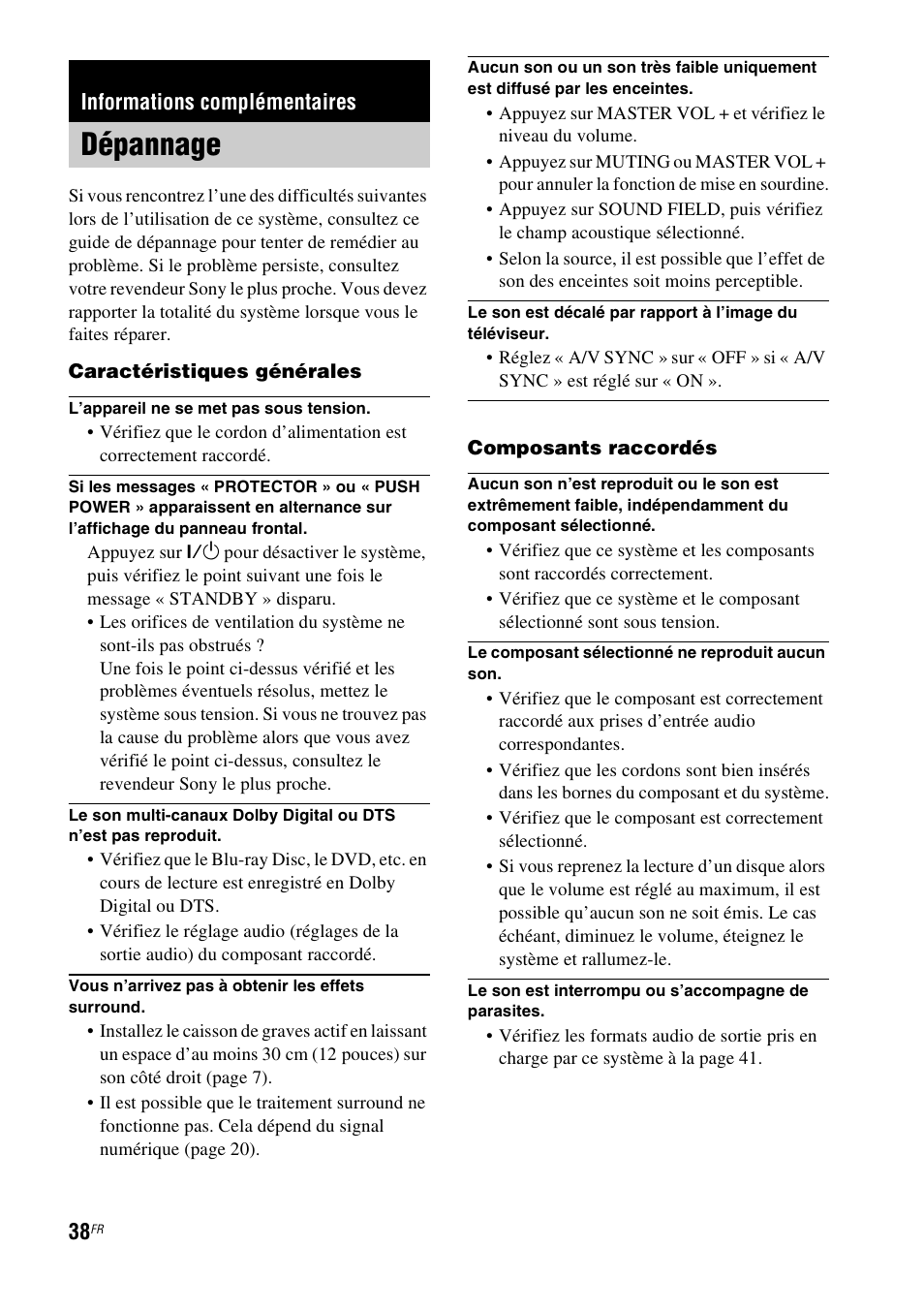Informations complémentaires, Dépannage | Sony HT-CT100 User Manual | Page 78 / 128