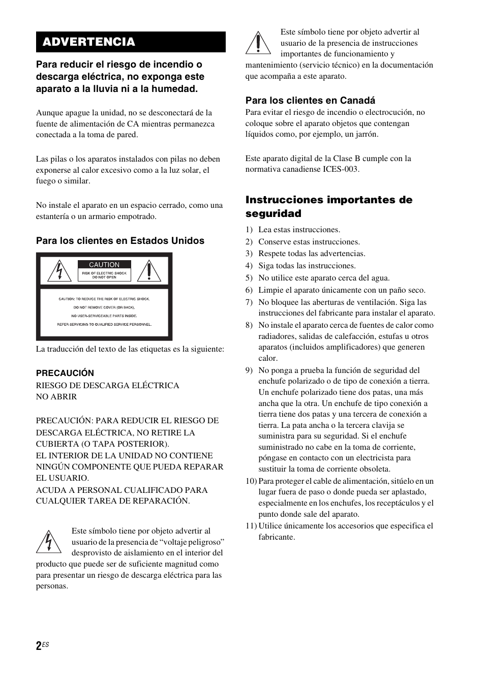 Advertencia, Instrucciones importantes de seguridad | Sony HT-CT100 User Manual | Page 86 / 128