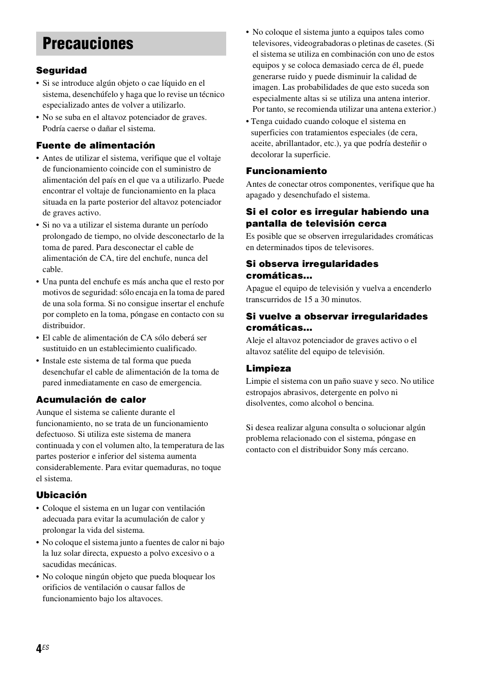 Precauciones | Sony HT-CT100 User Manual | Page 88 / 128