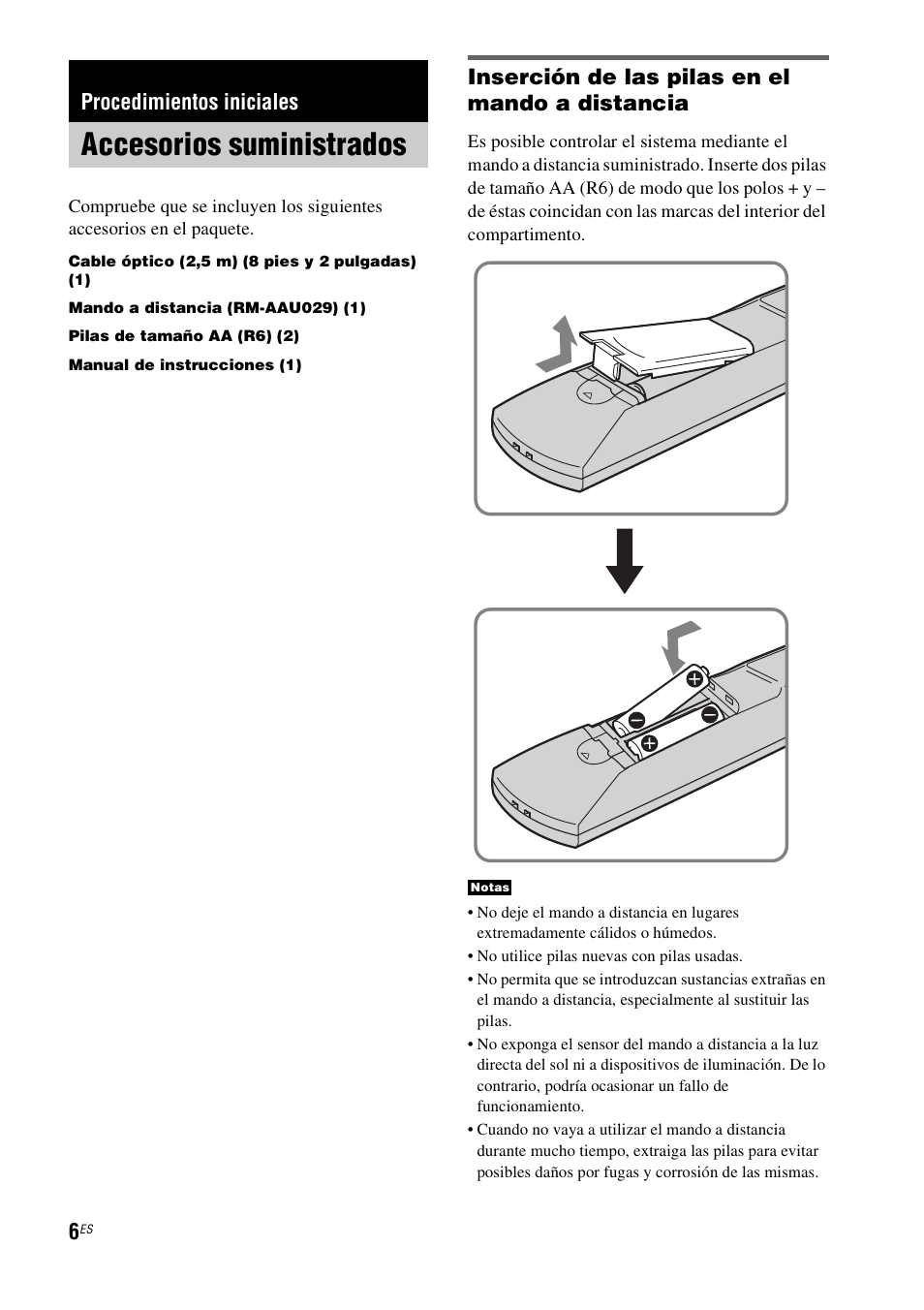 Procedimientos iniciales, Accesorios suministrados, Inserción de las pilas en el mando a distancia | Sony HT-CT100 User Manual | Page 90 / 128