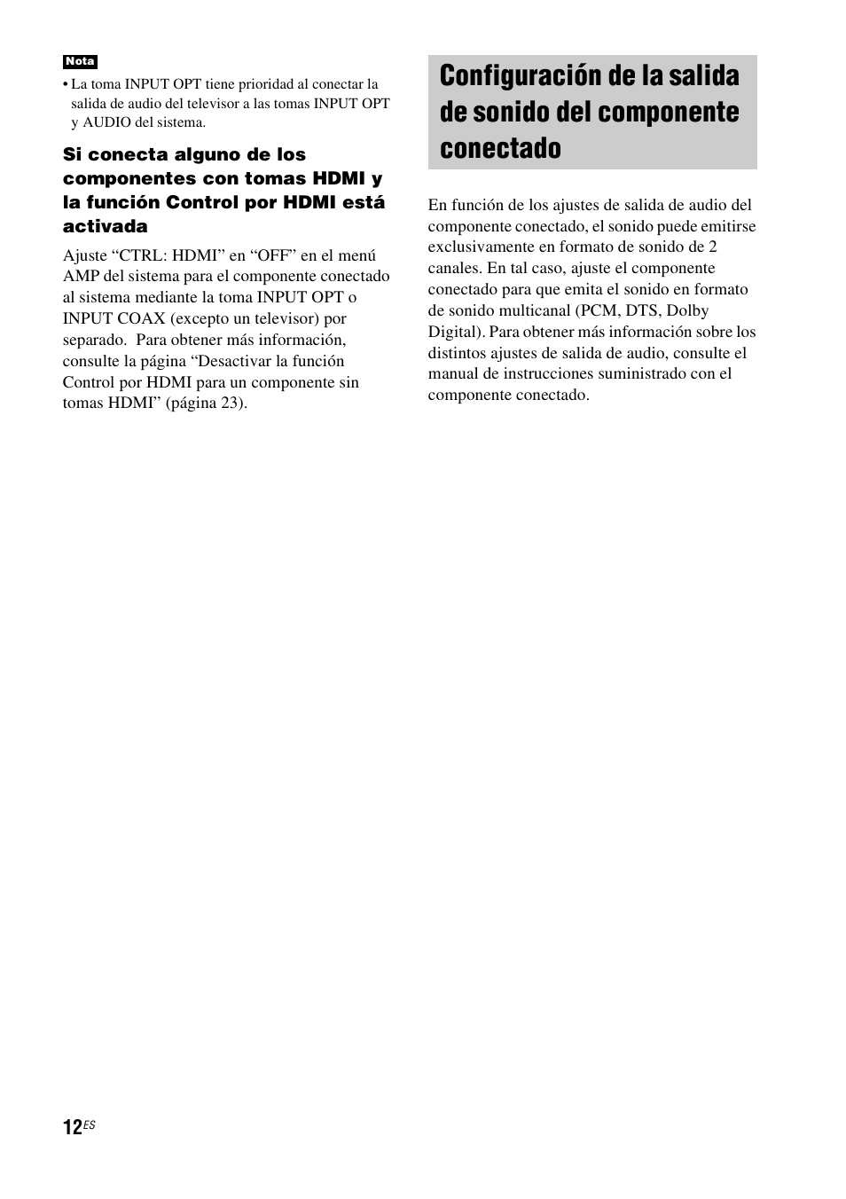 Configuración de la salida de sonido del, Componente conectado | Sony HT-CT100 User Manual | Page 96 / 128