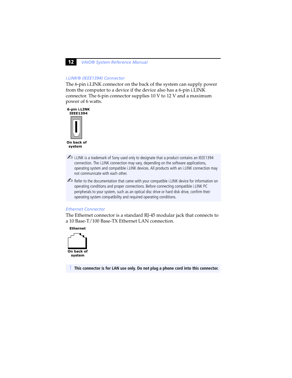 I.link® (ieee1394) connector, Ethernet connector | Sony PCV-J200 User Manual | Page 24 / 102