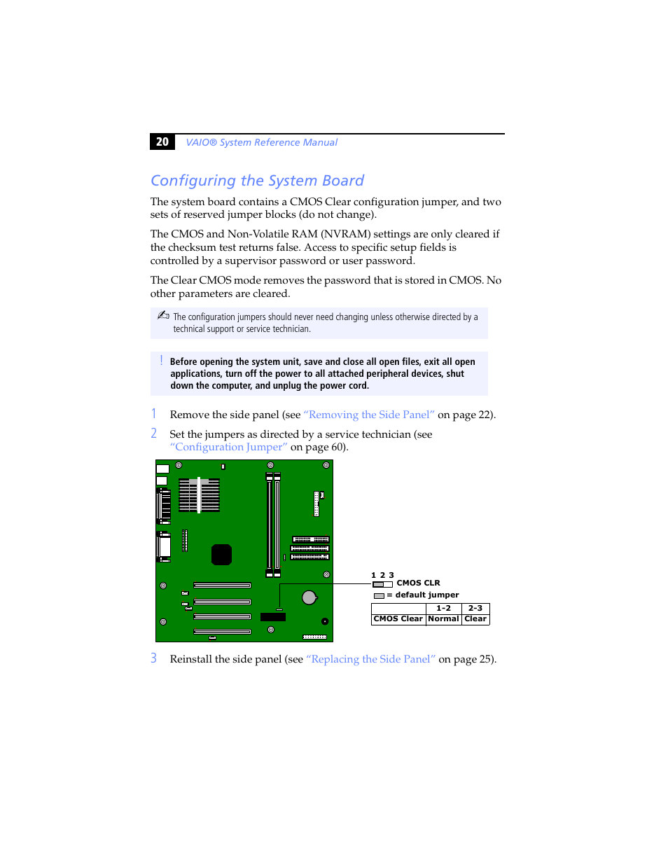 Configuring the system board, Configuration jumper | Sony PCV-J200 User Manual | Page 32 / 102