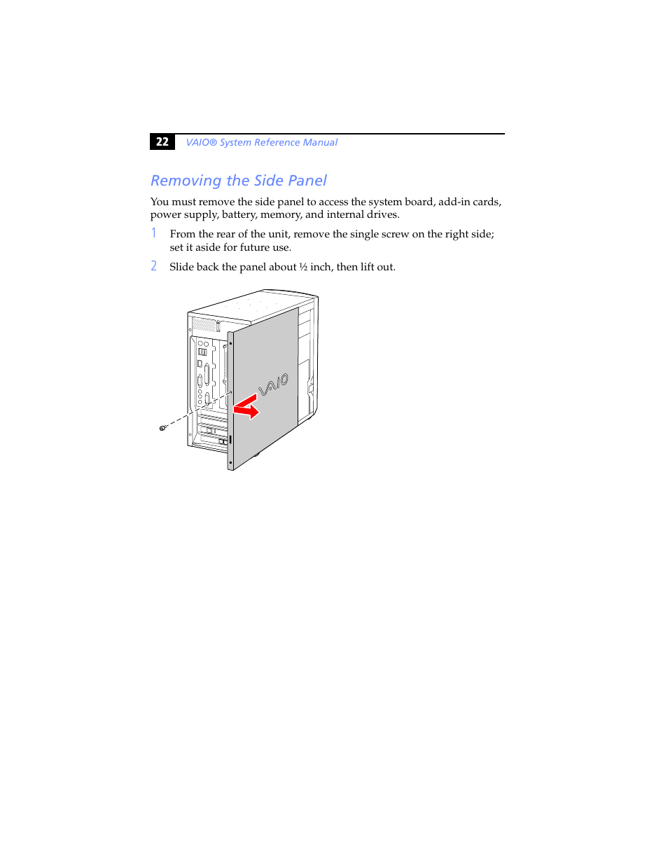 Removing the side panel | Sony PCV-J200 User Manual | Page 34 / 102