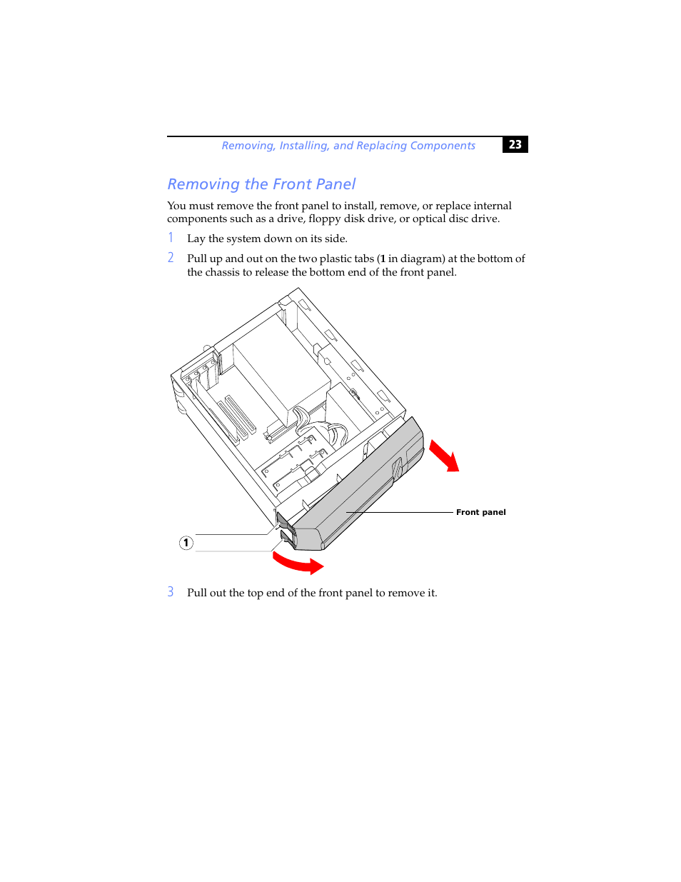 Removing the front panel | Sony PCV-J200 User Manual | Page 35 / 102