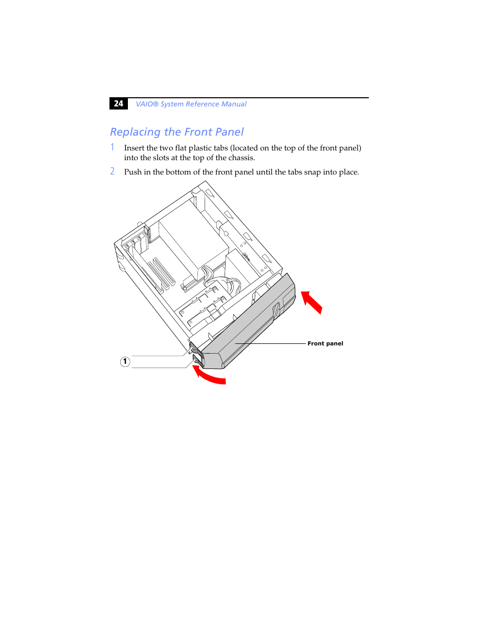 Replacing the front panel | Sony PCV-J200 User Manual | Page 36 / 102