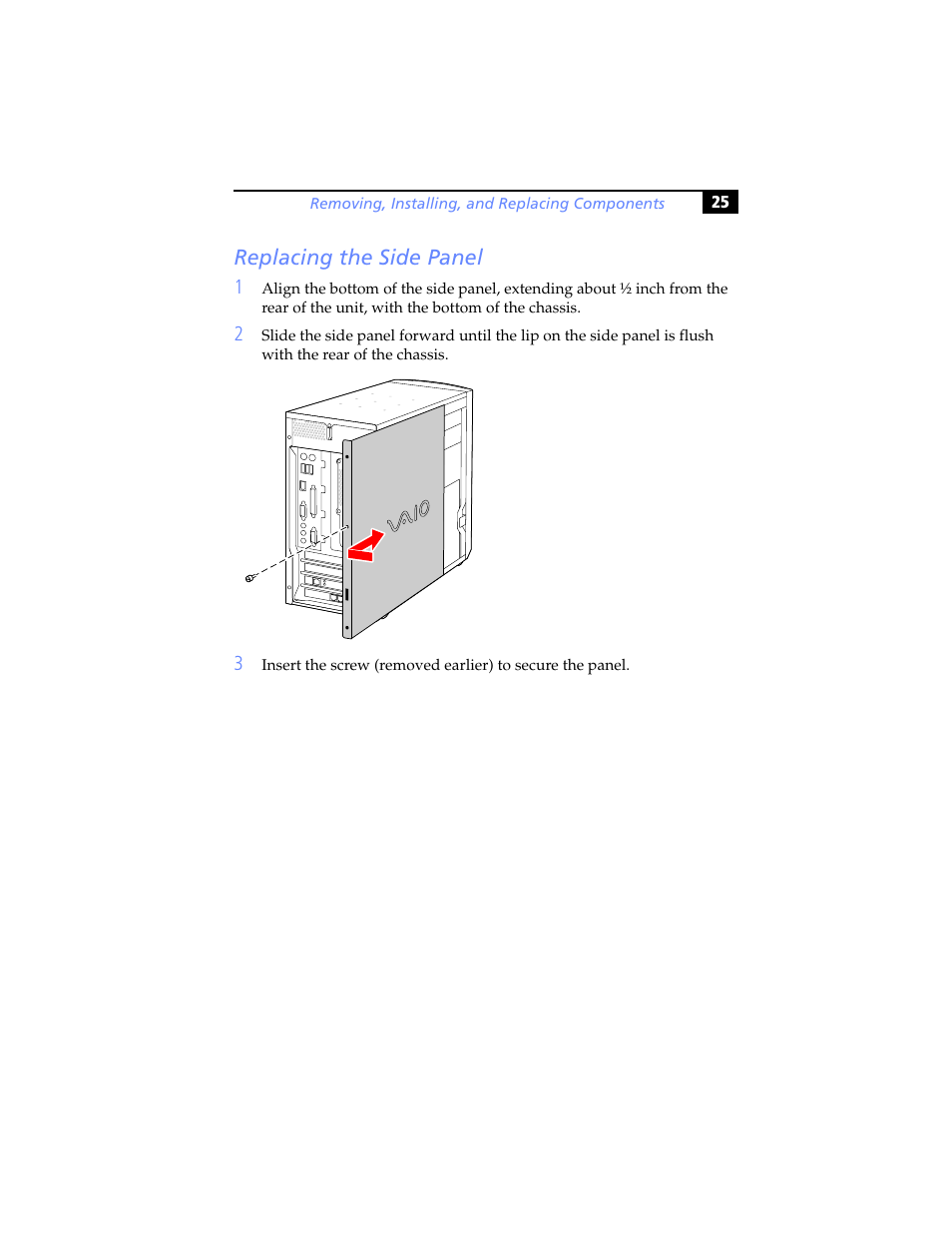 Replacing the side panel | Sony PCV-J200 User Manual | Page 37 / 102