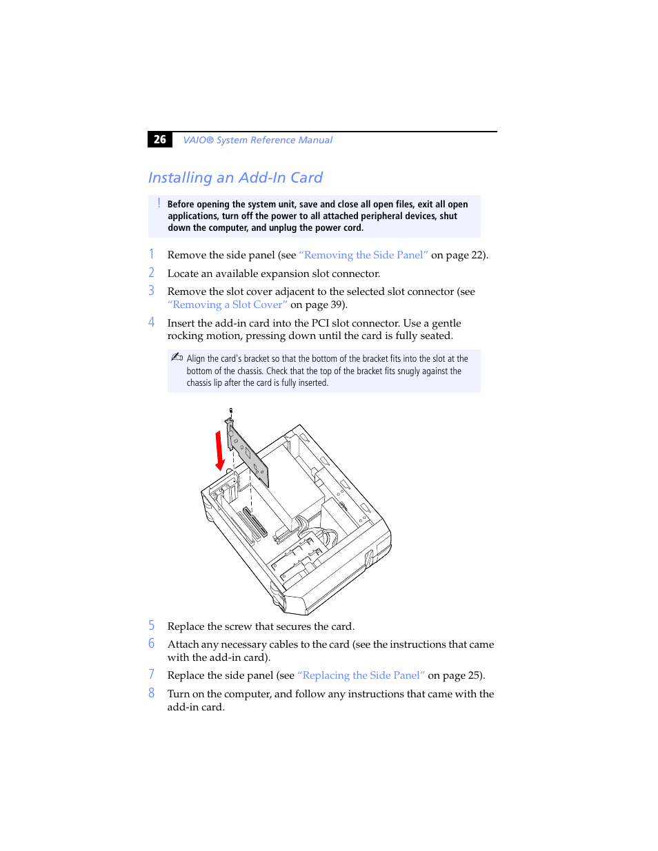 Installing an add-in card | Sony PCV-J200 User Manual | Page 38 / 102