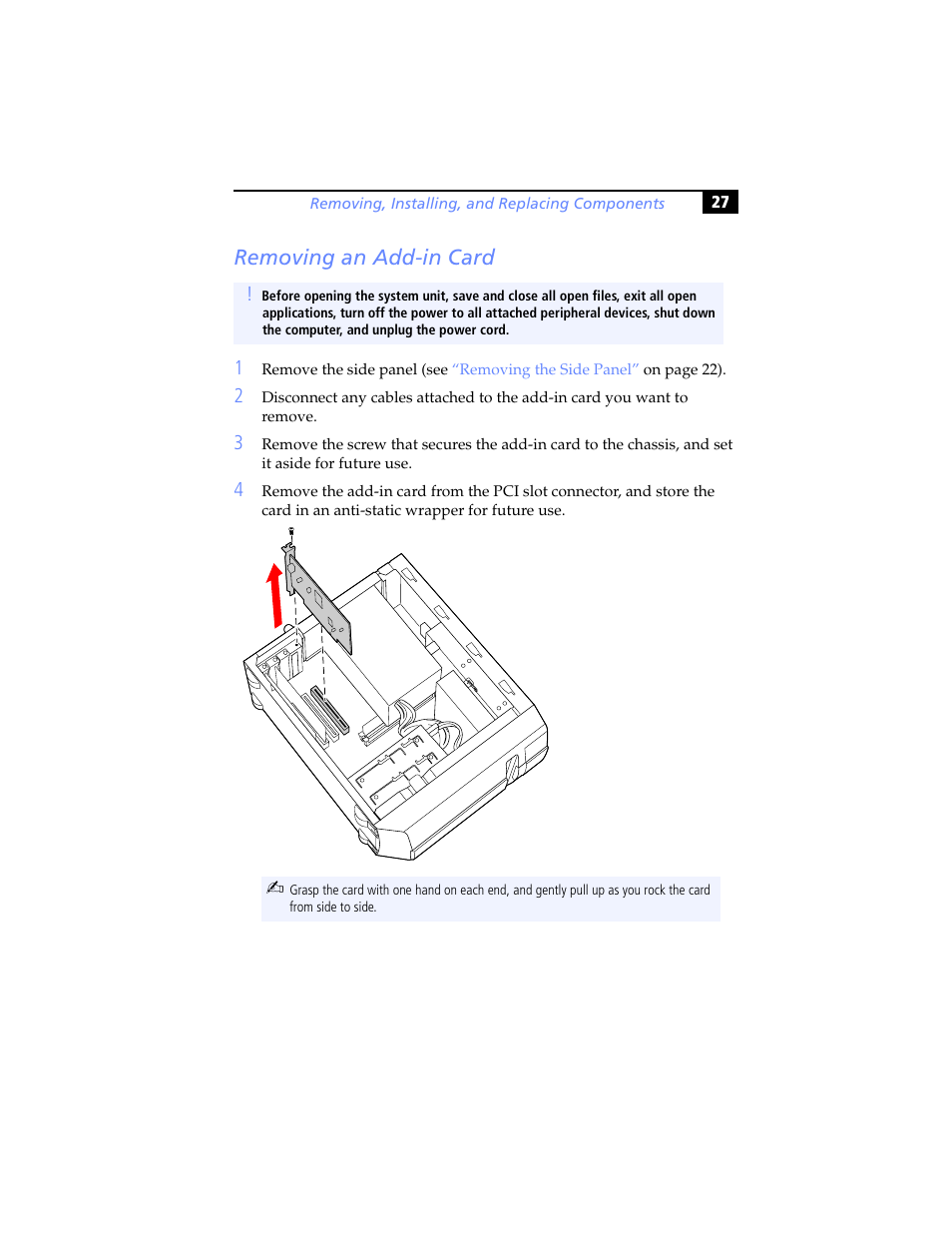 Removing an add-in card | Sony PCV-J200 User Manual | Page 39 / 102