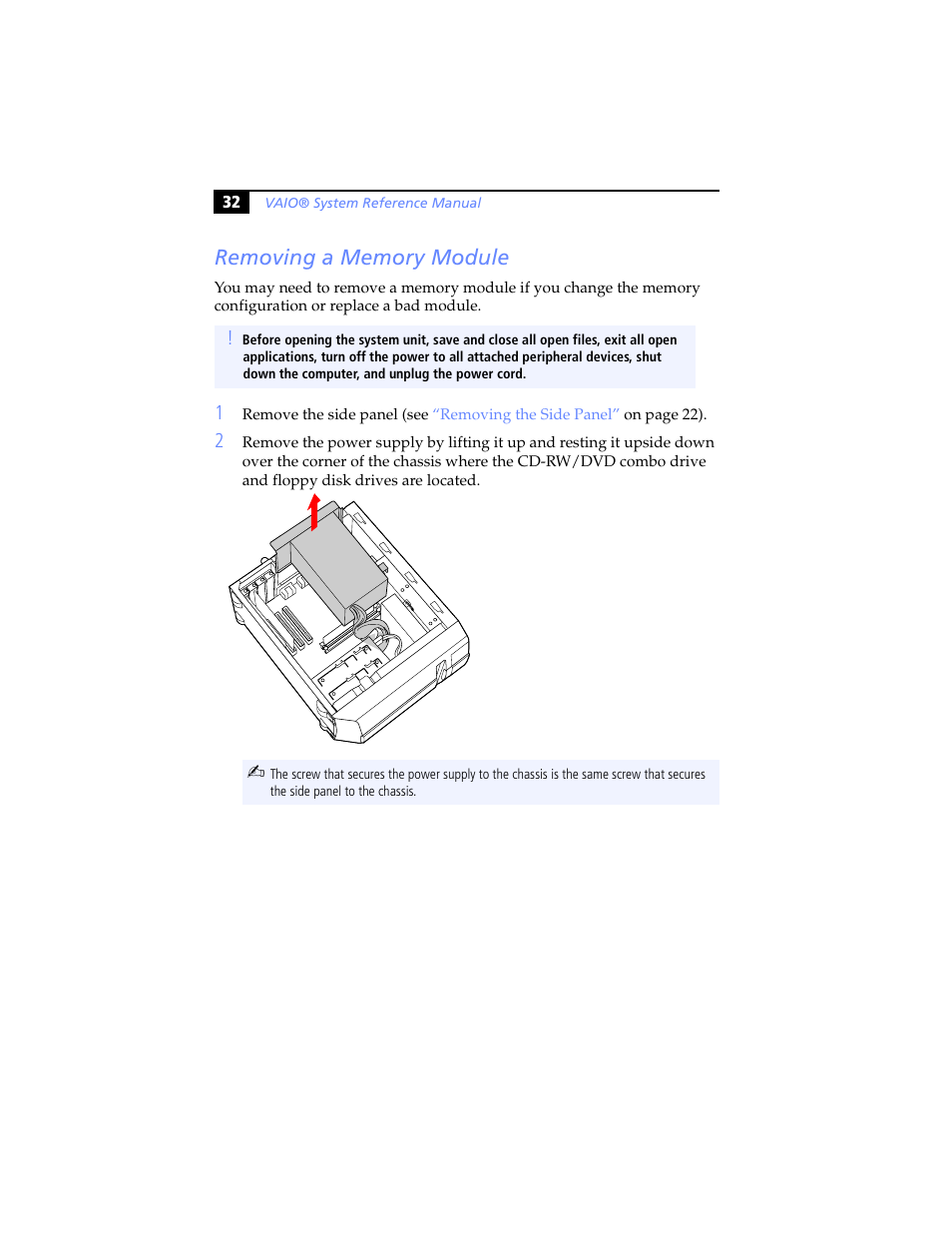 Removing a memory module | Sony PCV-J200 User Manual | Page 44 / 102