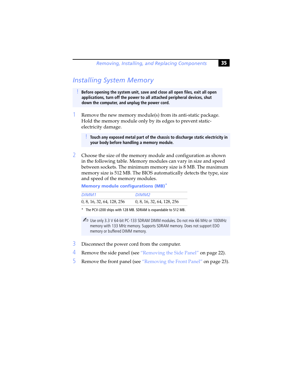 Installing system memory | Sony PCV-J200 User Manual | Page 47 / 102