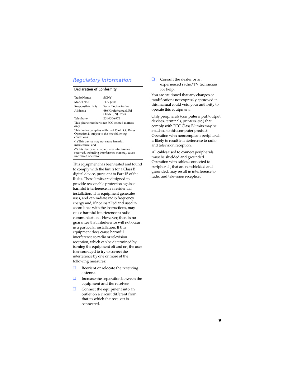 Regulatory information, Vregulatory information | Sony PCV-J200 User Manual | Page 5 / 102