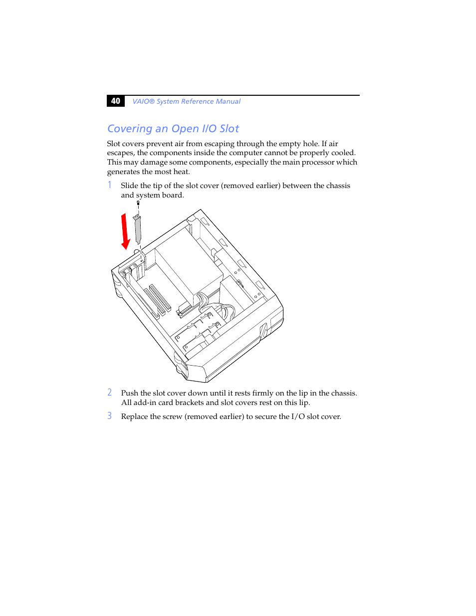 Covering an open i/o slot, Covering, An open i/o slot | Sony PCV-J200 User Manual | Page 52 / 102