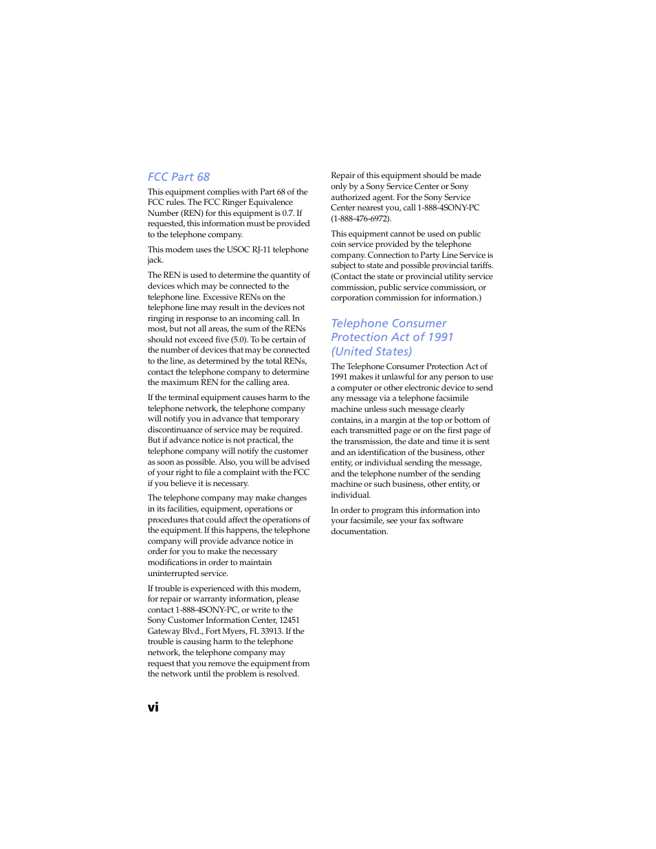 Fcc part 68 | Sony PCV-J200 User Manual | Page 6 / 102