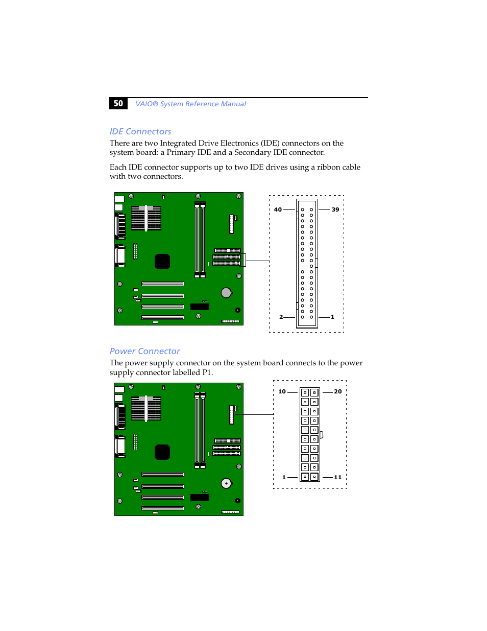 Ide connectors, Power connector, Ide connectors power connector | 50 ide connectors | Sony PCV-J200 User Manual | Page 62 / 102