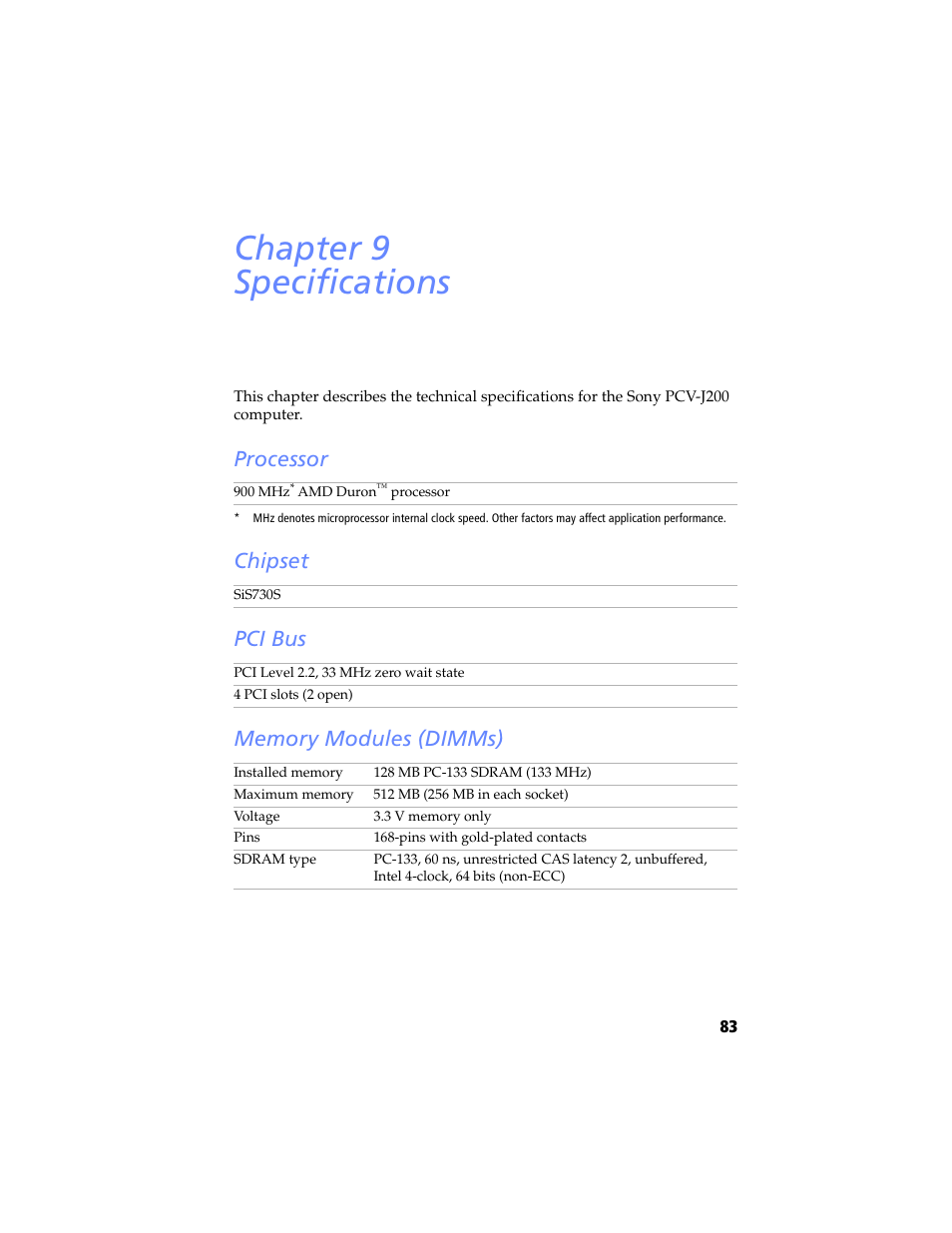 Specifications, Processor, Chipset | Pci bus, Memory modules (dimms), Chapter 9 — specifications, Processor chipset pci bus memory modules (dimms), Chapter 9 specifications | Sony PCV-J200 User Manual | Page 95 / 102