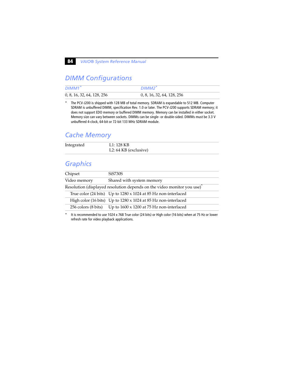 Dimm configurations, Cache memory, Graphics | Dimm configurations cache memory graphics | Sony PCV-J200 User Manual | Page 96 / 102