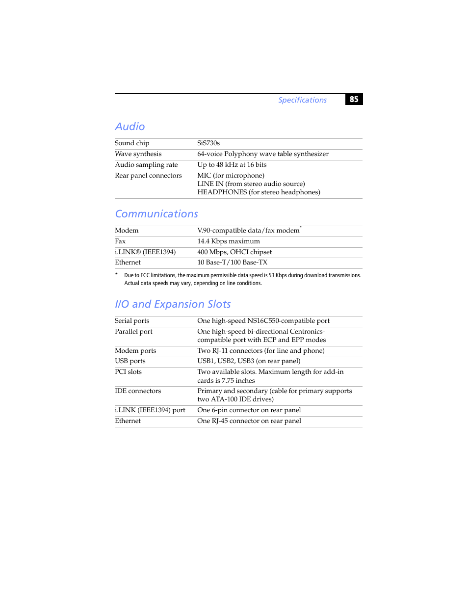 Audio, Communications, I/o and expansion slots | Audio communications i/o and expansion slots | Sony PCV-J200 User Manual | Page 97 / 102
