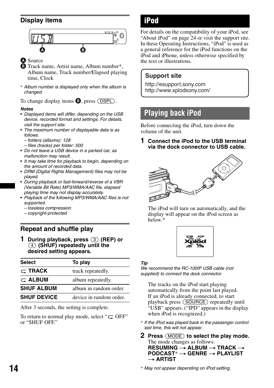 Display items, Repeat and shuffle play, Ipod | Playing back ipod, Display items repeat and shuffle play, Support site | Sony MEX-BT3700U User Manual | Page 14 / 64