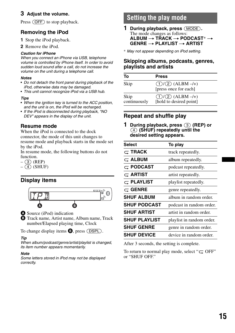 Display items, Setting the play mode, Repeat and shuffle play | Sony MEX-BT3700U User Manual | Page 15 / 64