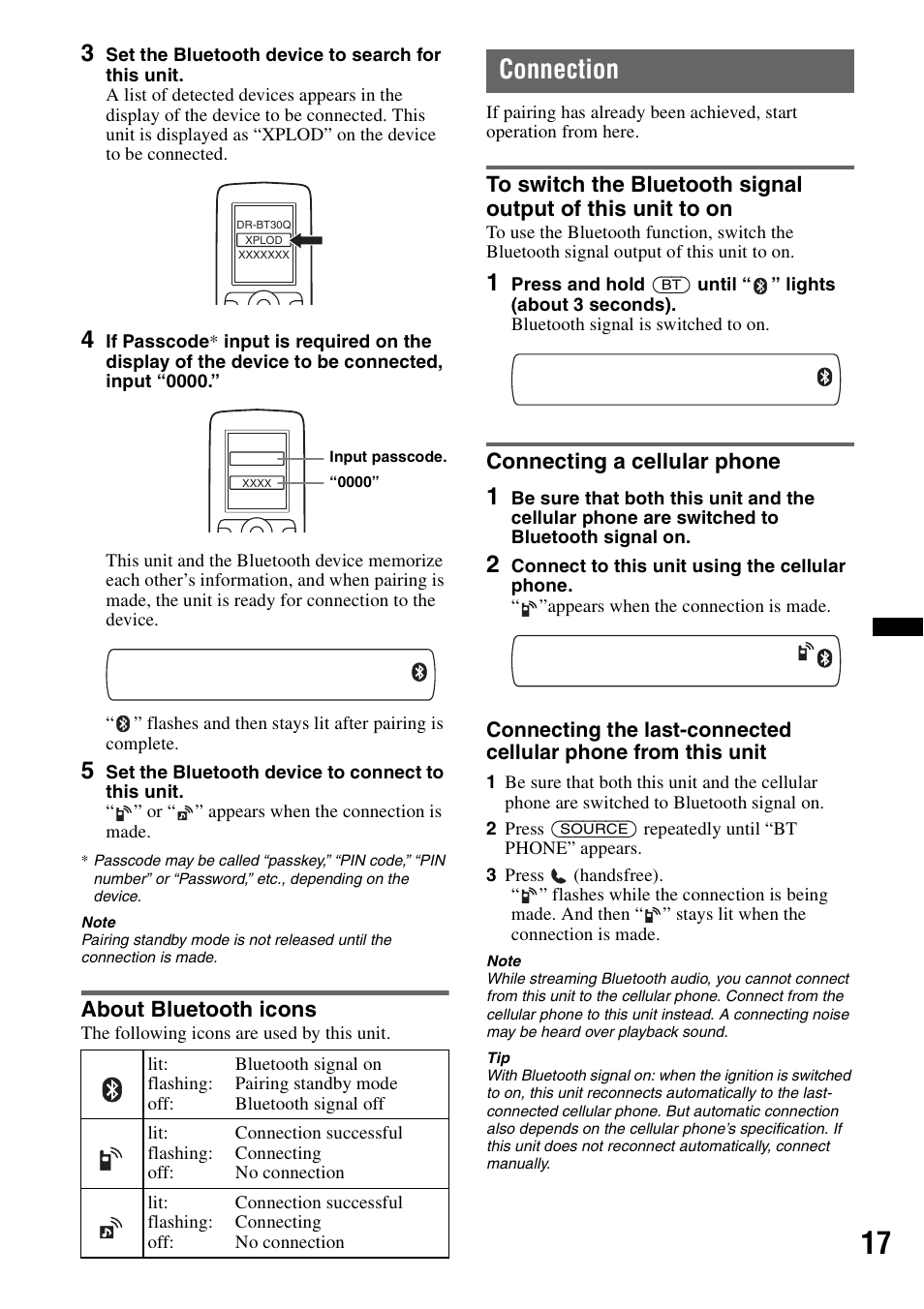 About bluetooth icons, Connection, Connecting a cellular phone | Sony MEX-BT3700U User Manual | Page 17 / 64