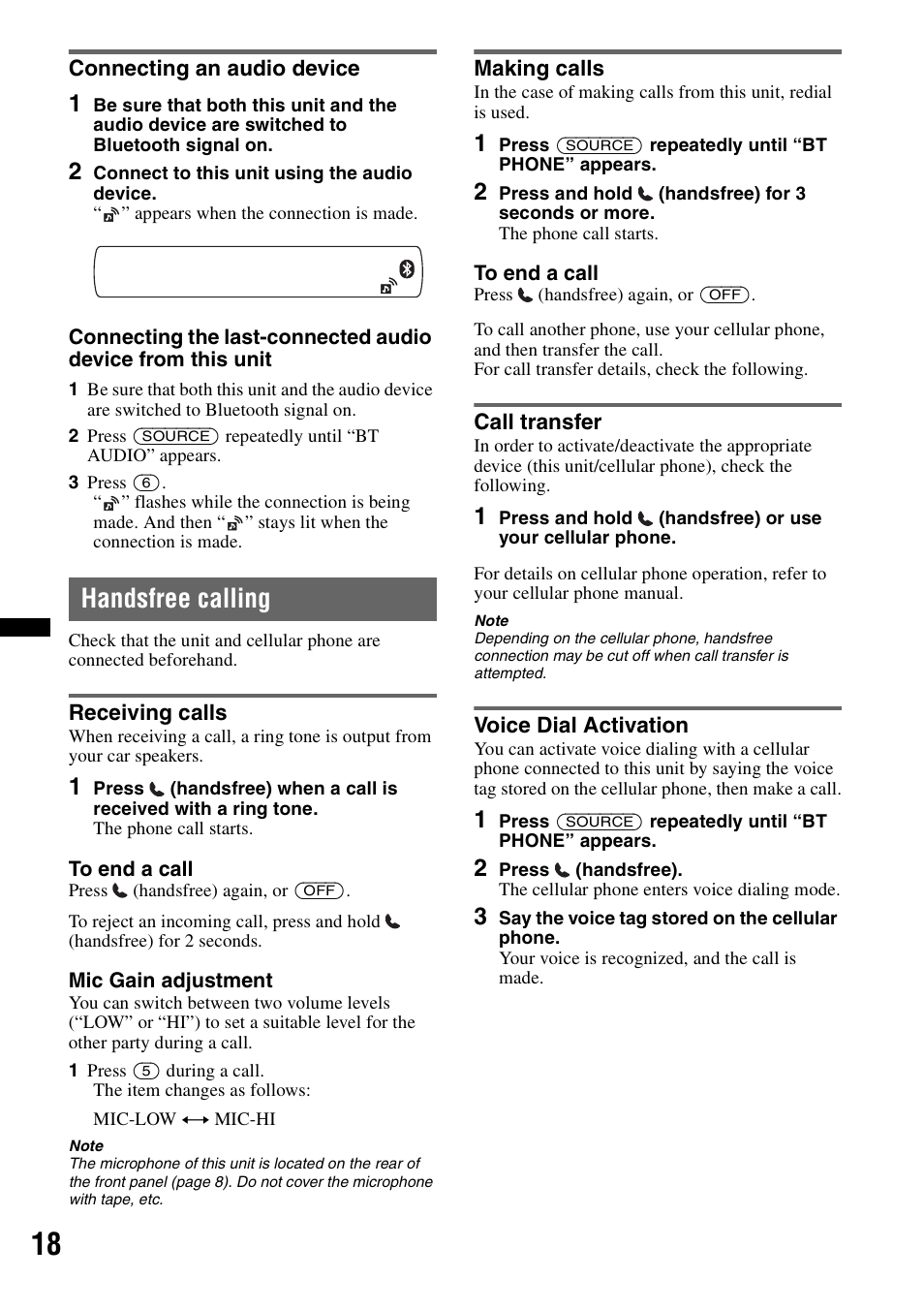 Connecting an audio device, Handsfree calling, Receiving calls | Making calls, Call transfer, Voice dial activation | Sony MEX-BT3700U User Manual | Page 18 / 64