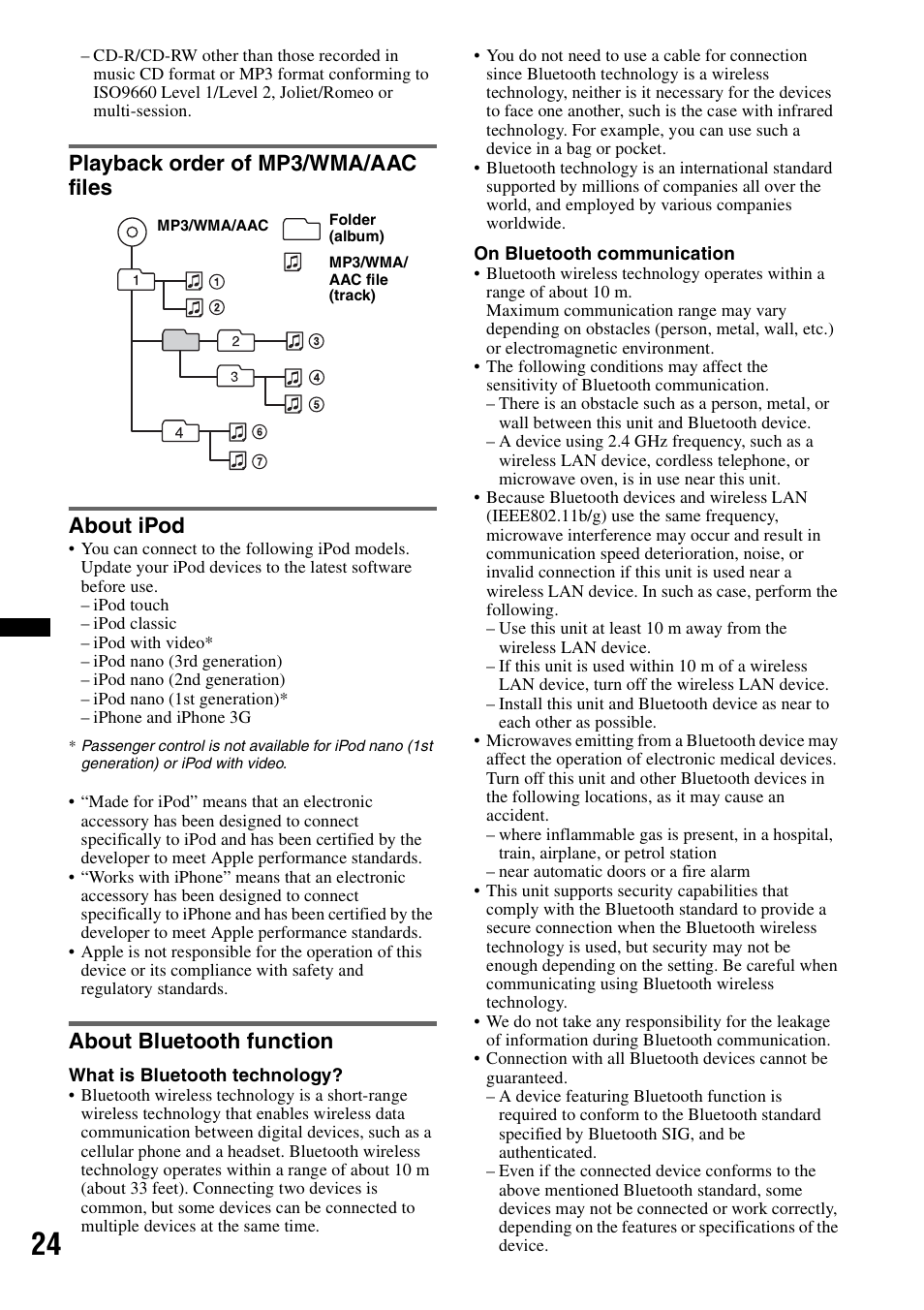 Playback order of mp3/wma/aac files, About ipod, About bluetooth function | Playback order of mp3/wma/aac files about ipod | Sony MEX-BT3700U User Manual | Page 24 / 64