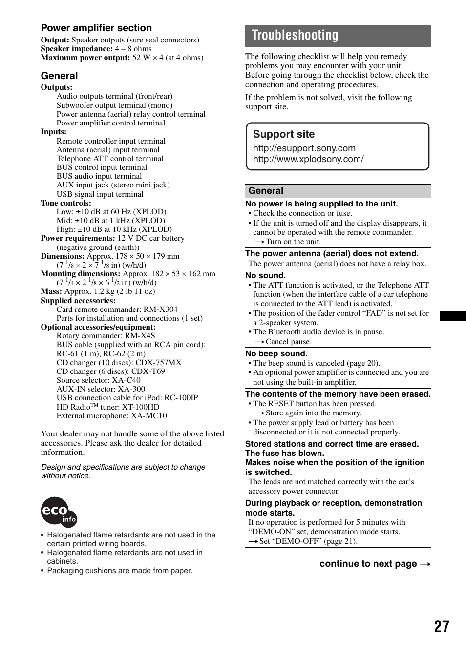 Troubleshooting, Support site, General | Sony MEX-BT3700U User Manual | Page 27 / 64